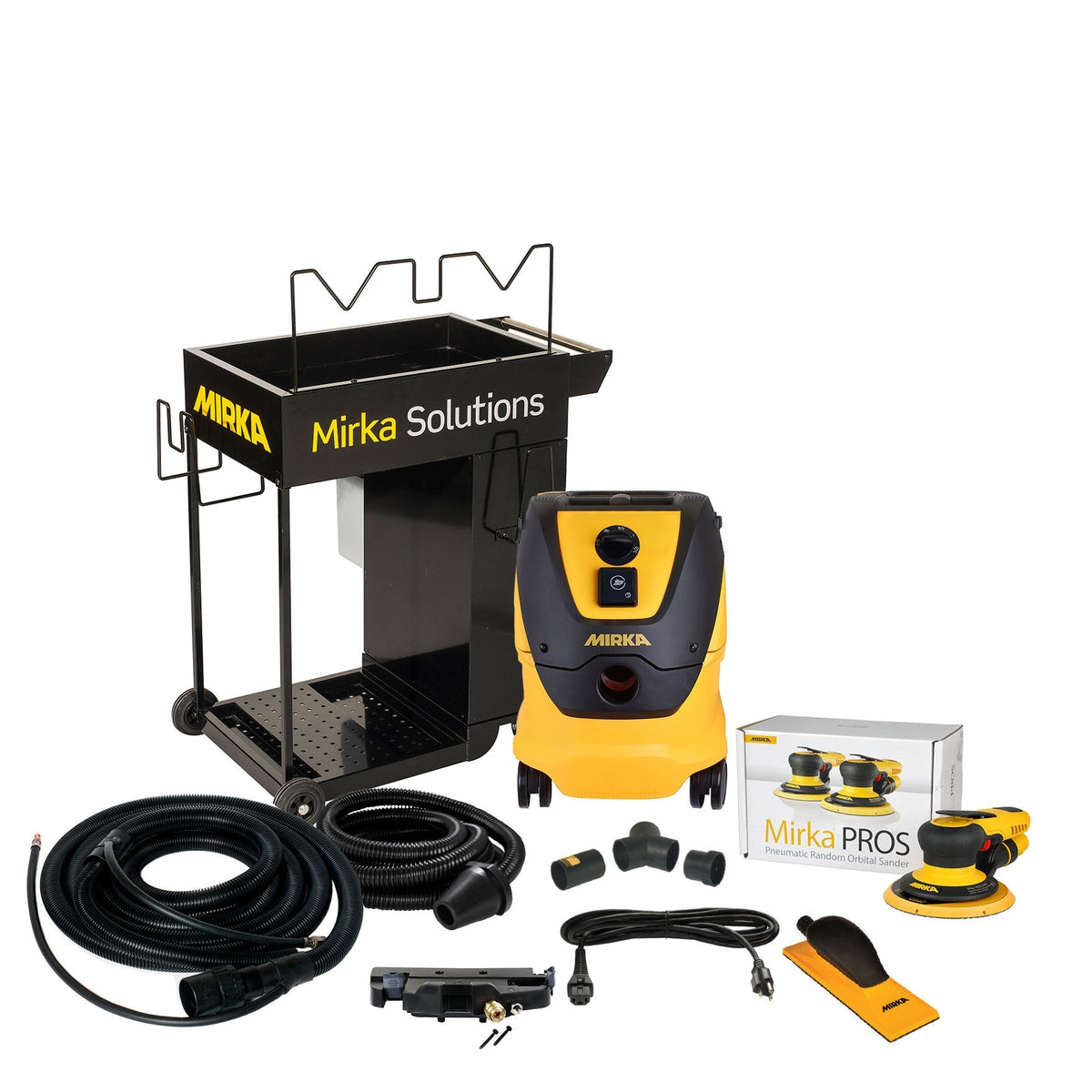 Mirka 6-inch dust-free cart system kit with pneumatic PROS sander, dust extractor, hoses, and accessories