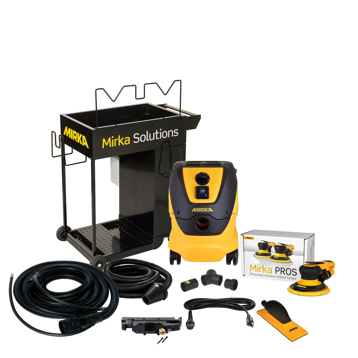 Mirka 6-inch dust-free cart system with pneumatic PROS sander, dust extractor, hoses, and accessories