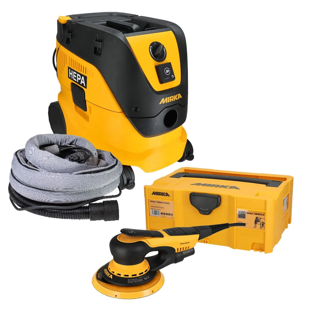 Mirka DEROS II 650X 6-in. dust-free basic system kit with electric sander, HEPA dust extractor, hose, and storage case