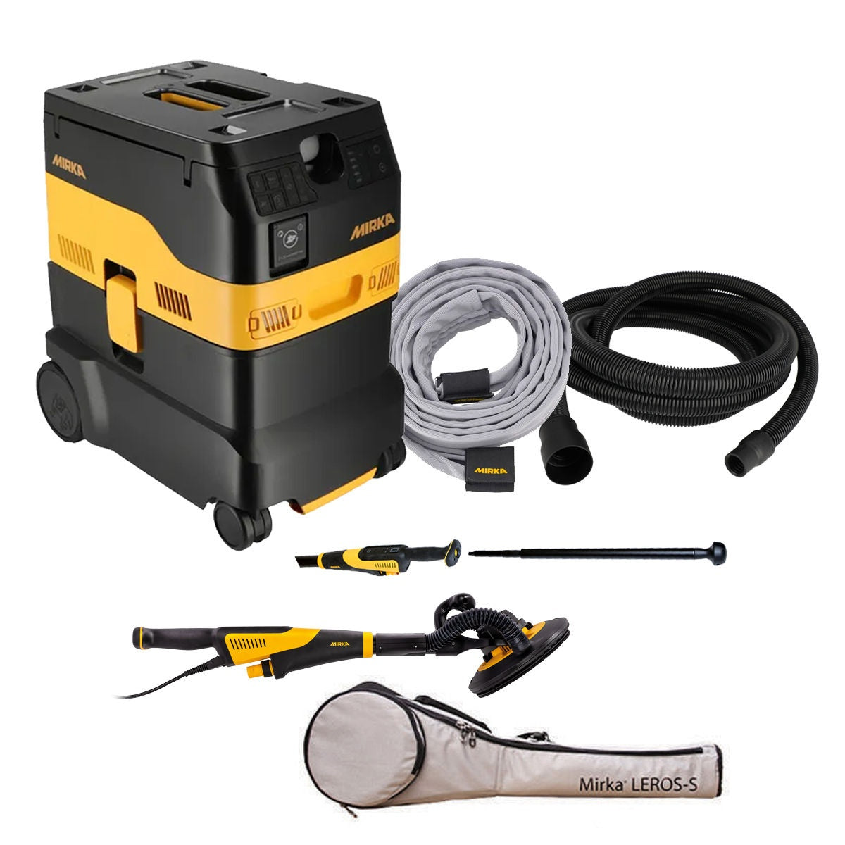 Mirka 9-inch dust-free sanding system with LEROS-S wall and ceiling sander, DEXOS 1230 dust extractor, hoses, extension, and storage bag