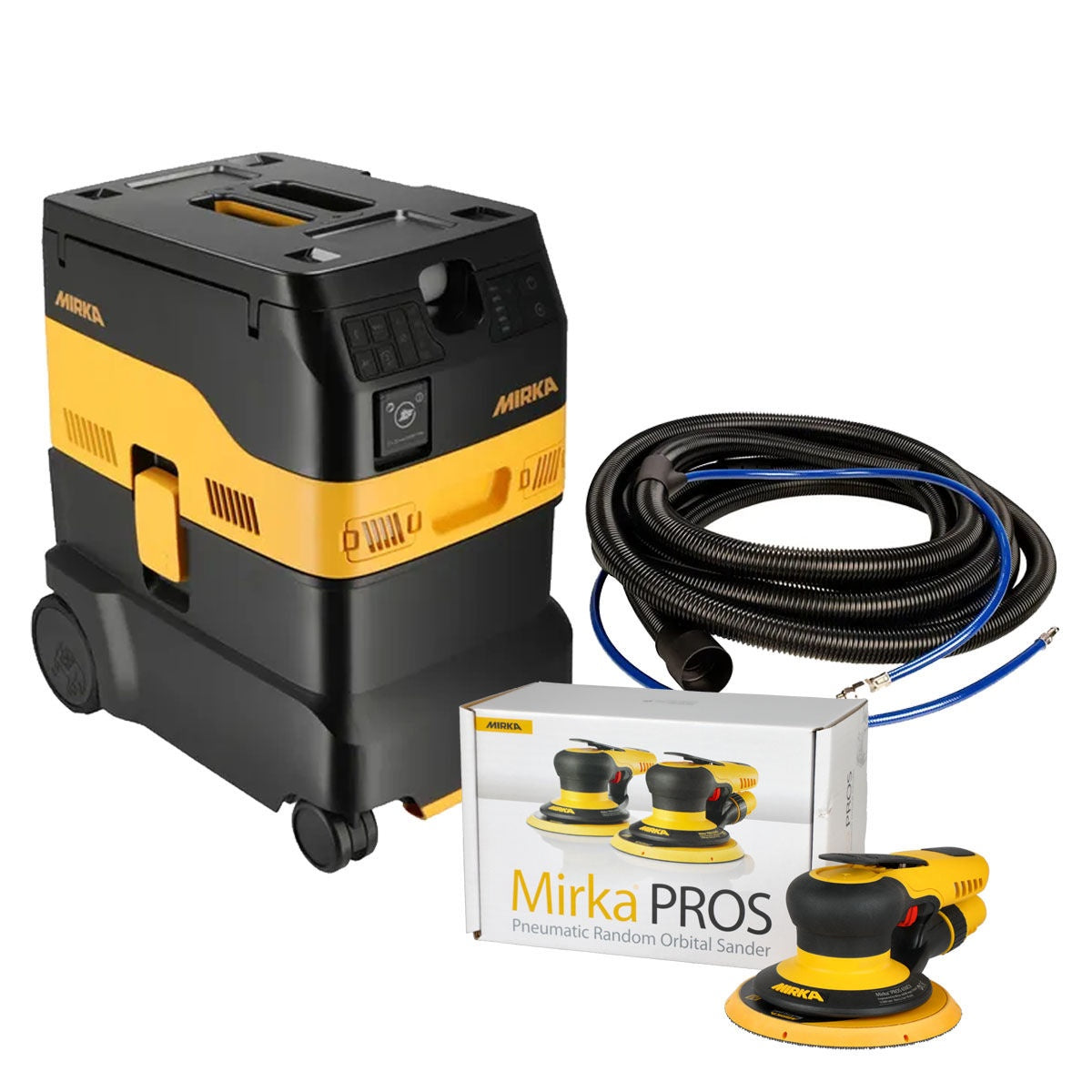 Mirka 6-in. dust-free basic sanding system with PROS pneumatic random orbital sander, DEXOS dust extractor, and hose