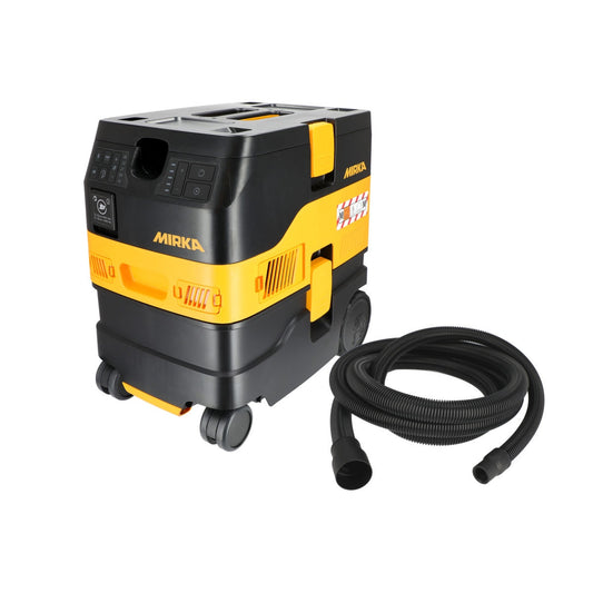 Mirka DEXOS 1217X M HEPA Dust Extractor with 13 foot anti-static hose set up for professional sanding dust collection in a workshop or jobsite environment