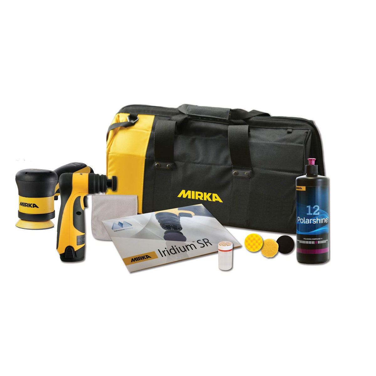 Mirka battery powered repair kit with cordless sander, cordless polisher, polishing compound, pads, abrasives, and carry bag