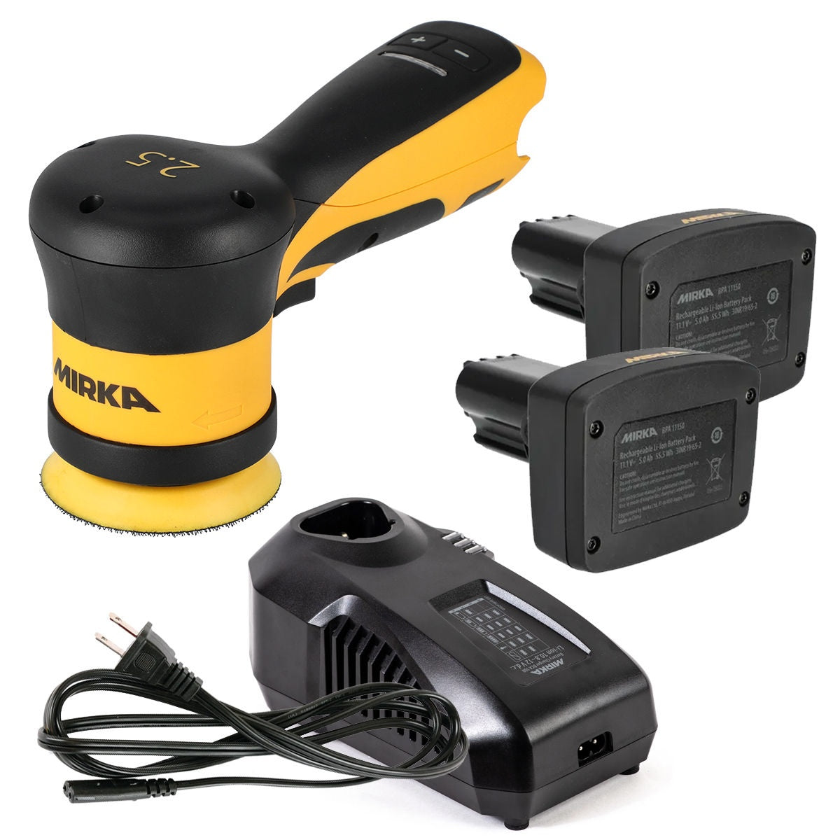 Mirka AROS-B 325 12V cordless 3-in. random orbital sander kit with two 5.0Ah batteries and charger