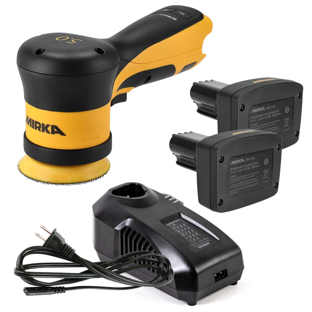 Mirka AROS-B 350 12V cordless 3-in. random orbital sander kit with two batteries and charger
