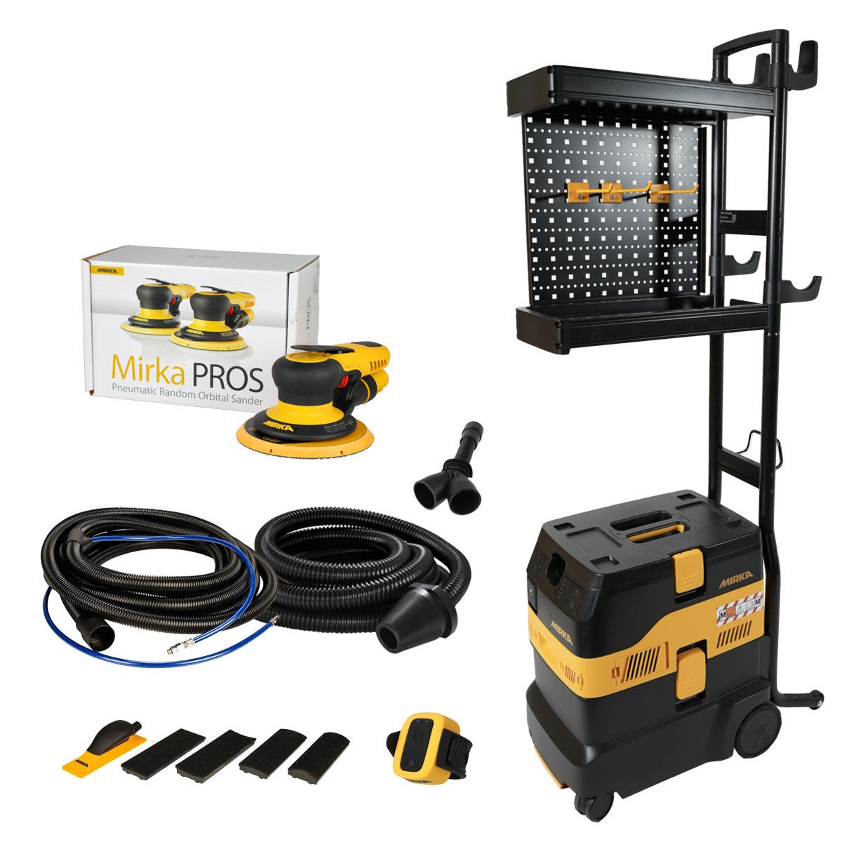 Mirka 6-inch dust-free work station system with pneumatic PROS random orbital sander, dust extractor, cart, hoses, and hand sanding accessories