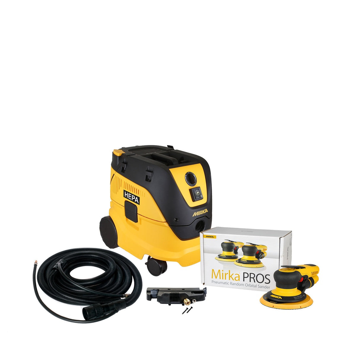Mirka 6-in. 5mm pneumatic random orbital sander dust-free basic system with HEPA dust extractor, hose, and accessories