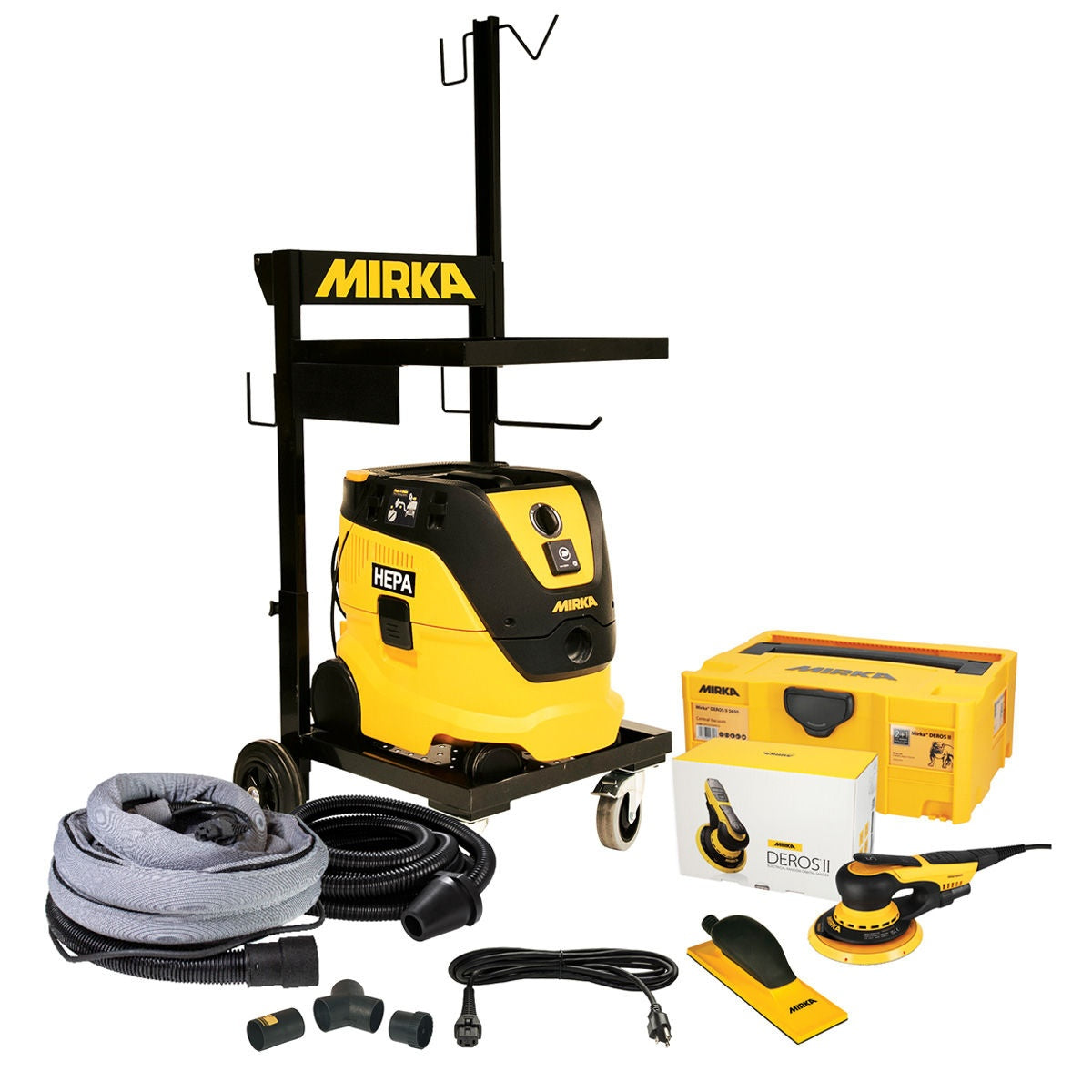 Mirka dust-free trolley system with DEROS II 6-in. electric sander, HEPA dust extractor, hoses, and accessories