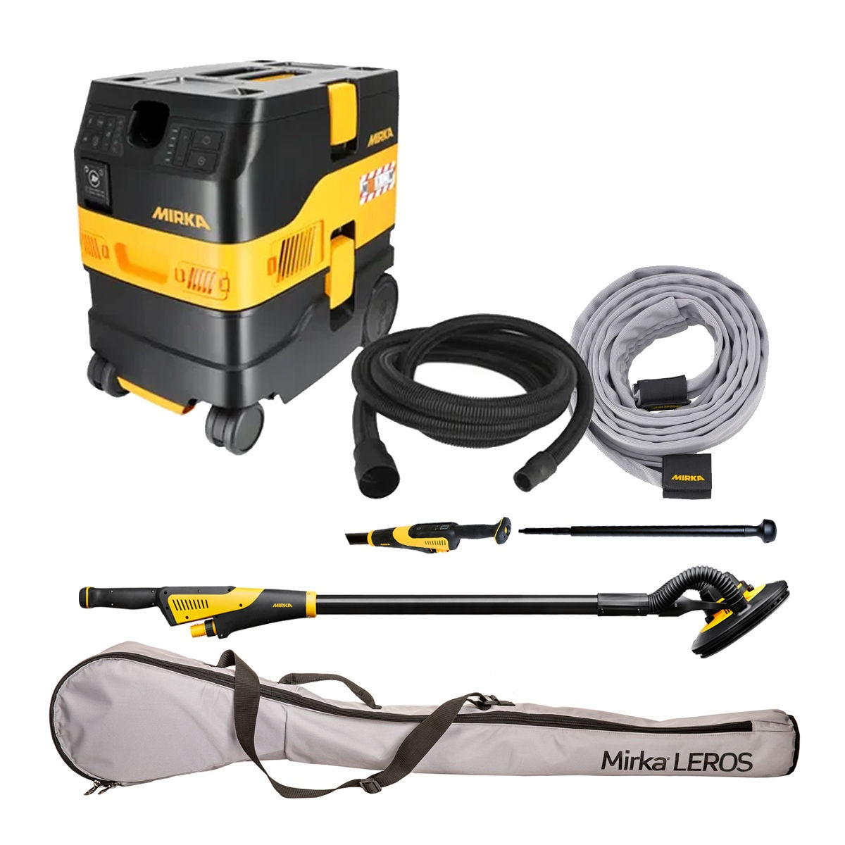 Mirka 9-inch dust-free sanding system kit with LEROS wall and ceiling sander, DEXOS 1217 dust extractor, hose, sleeve, and carry bag