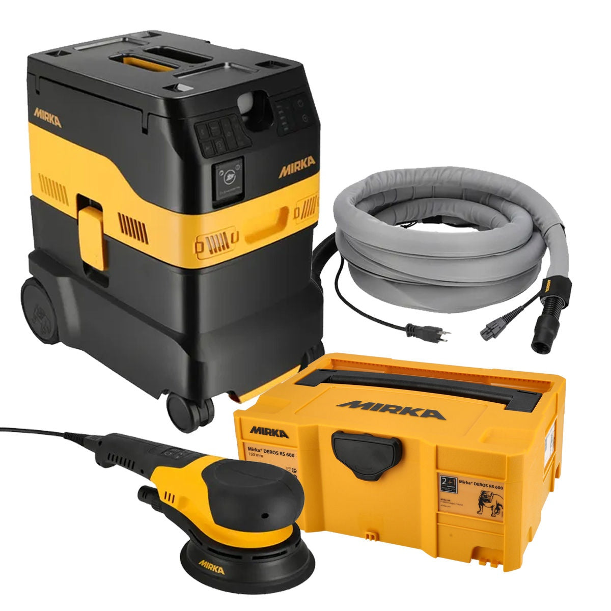 Mirka 6-in. dust-free sanding system with corded rotary sander, dust extractor, hose, and storage case