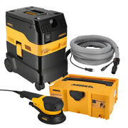 Mirka 6-in. dust-free sanding system with corded rotary sander, dust extractor, hose, and storage case