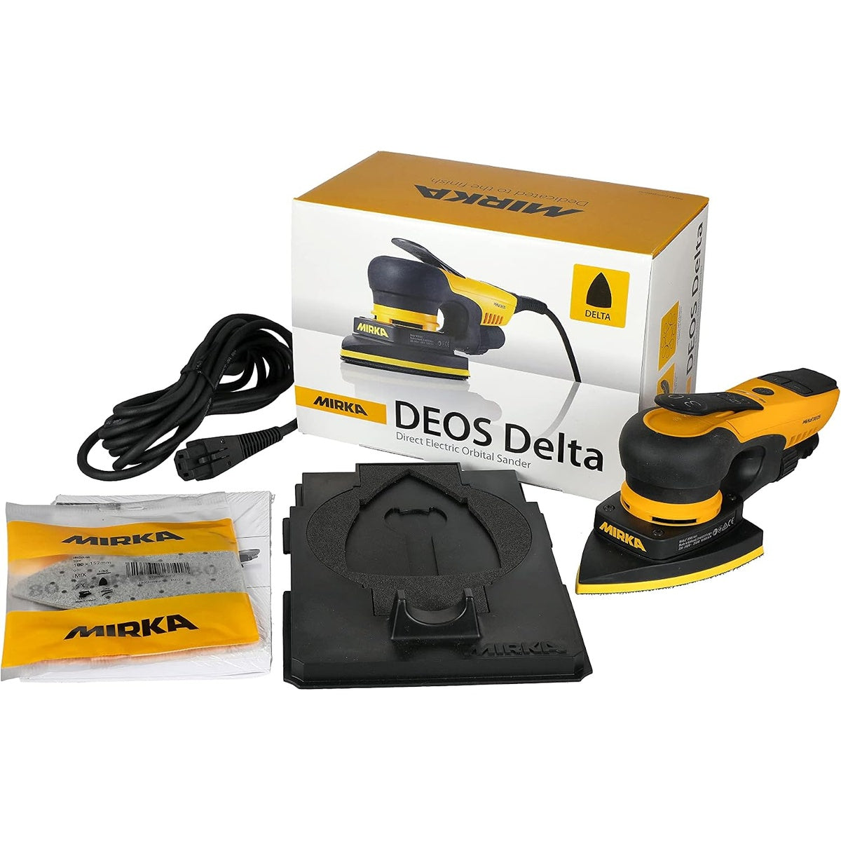 Mirka DEOS Delta sander kit with cord, pad, and accessories