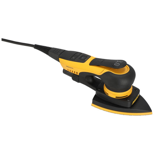Mirka DEOS II 663X 4 Inch x 6 Inch x 6 Inch 3.0 mm Direct Orbital Sander used for detail sanding in corners and trim work on woodworking and painted surfaces