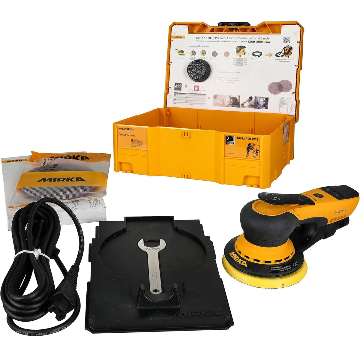 Mirka DEROS 550CV sander kit with case, power cord, wrench, and accessories