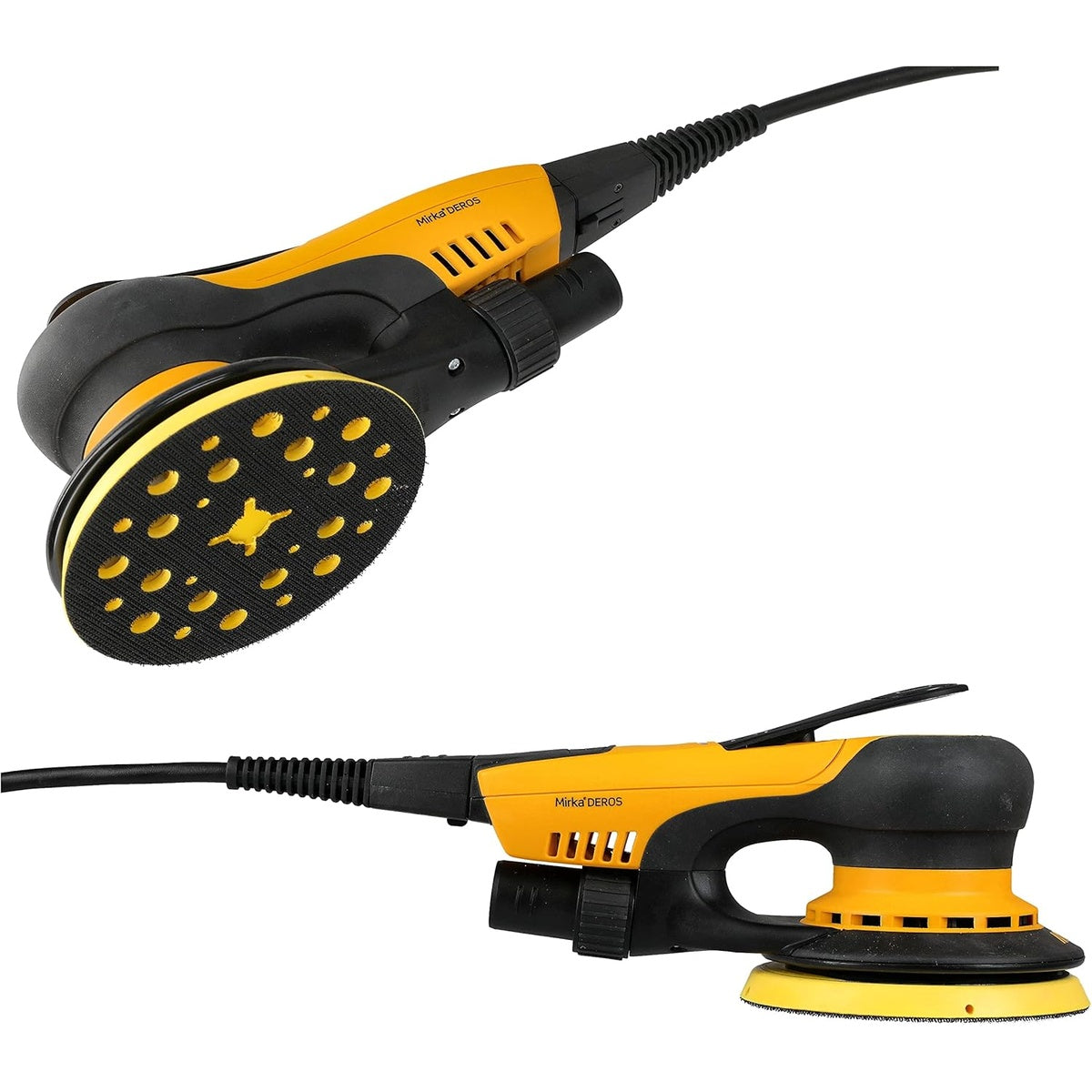 Bottom and side views of Mirka DEROS 550CV 5-in. random orbital sander