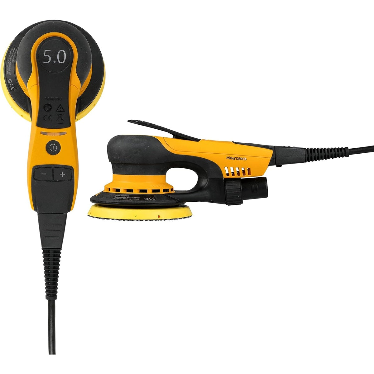 Top and side profile of Mirka DEROS 550CV 5.0mm orbit corded sander