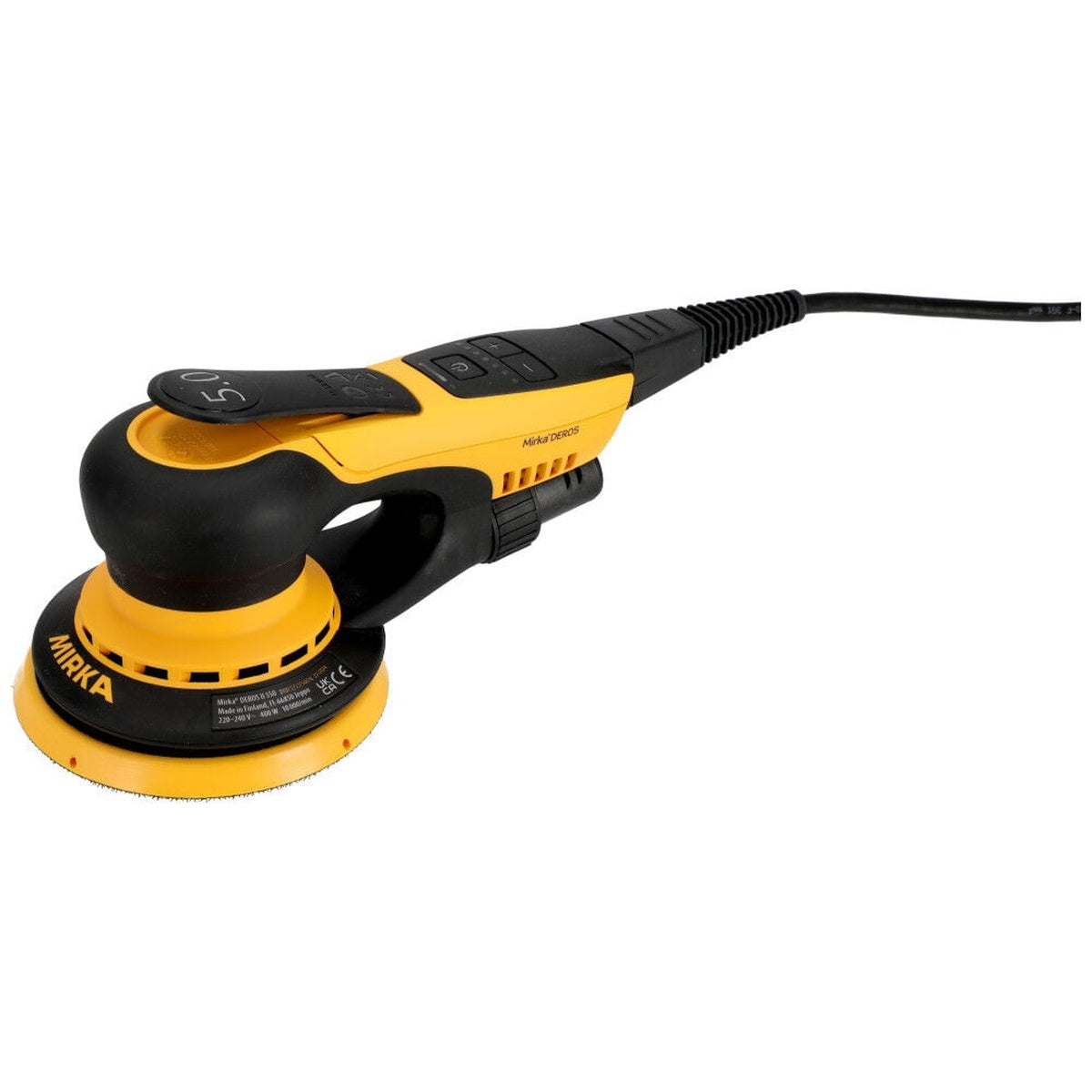 Side view of Mirka DEROS II 550X 5-in. electric orbital sander