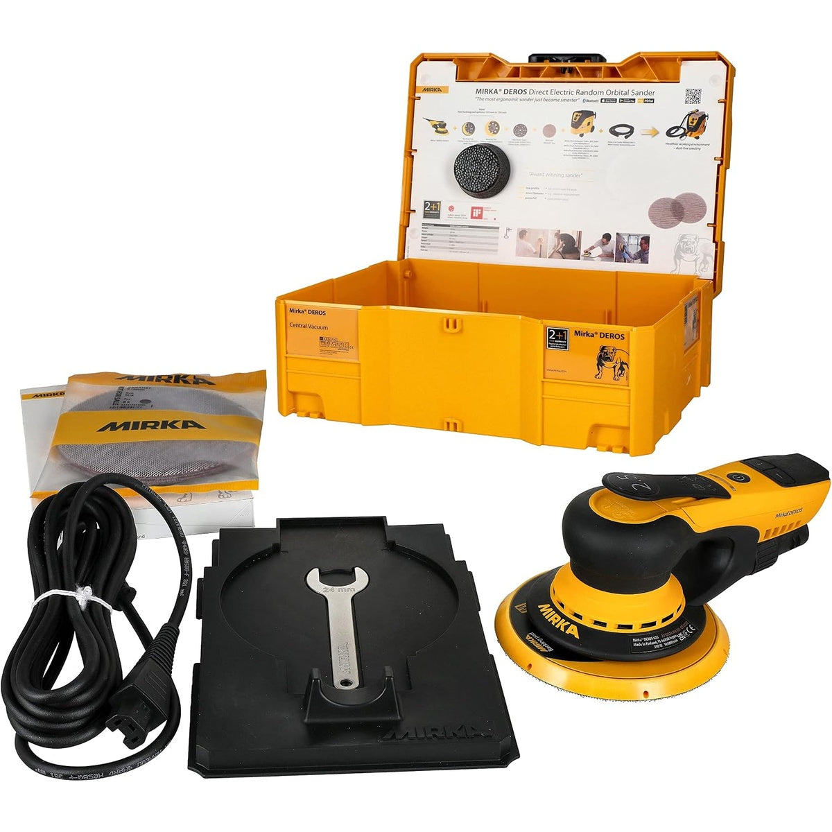 Mirka DEROS random orbital sander kit with cord, wrench, backing pad tray, abrasives, and case