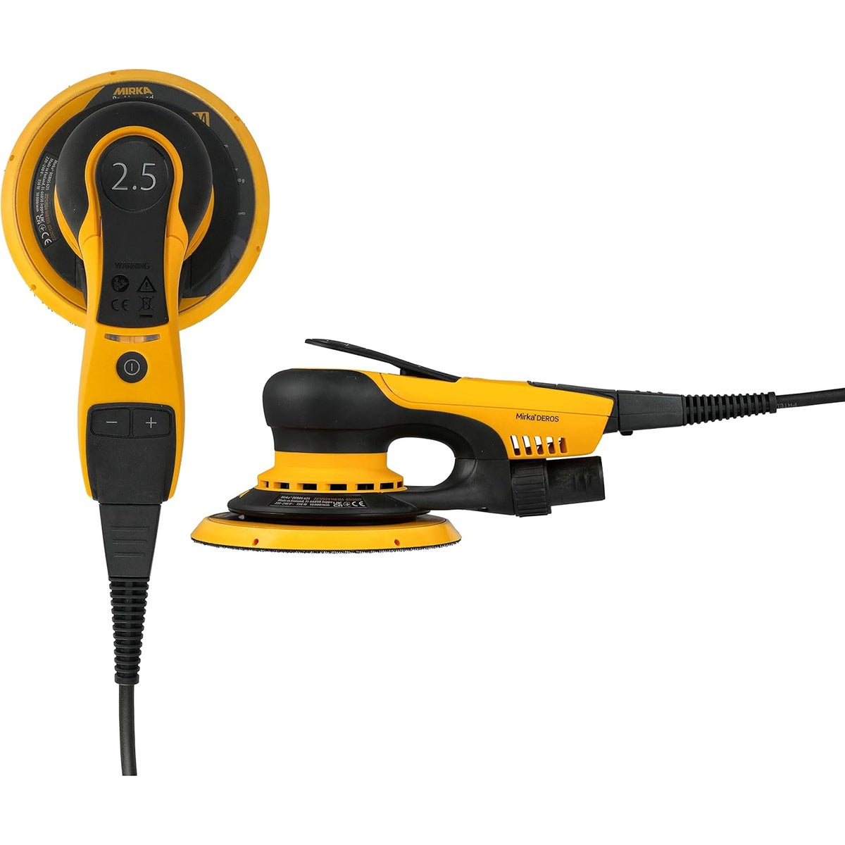 Top and side view of Mirka DEROS 6-in. random orbital sander