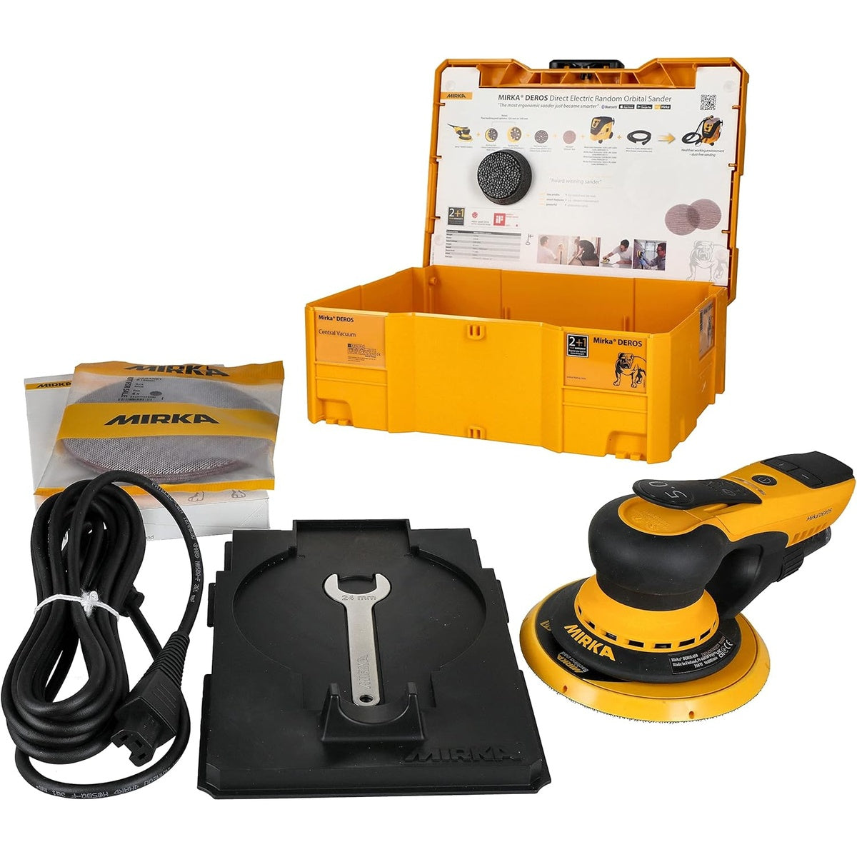 Mirka DEROS random orbital sander kit with case, power cord, wrench, and accessories