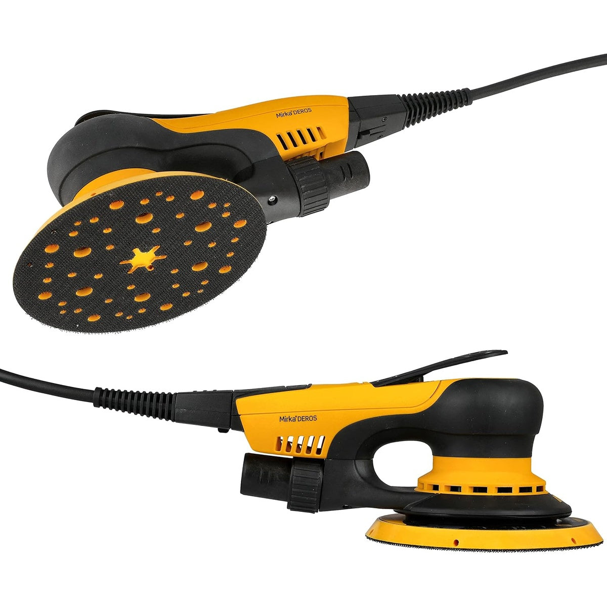 Side and underside views of Mirka DEROS 6-in. corded random orbital sander