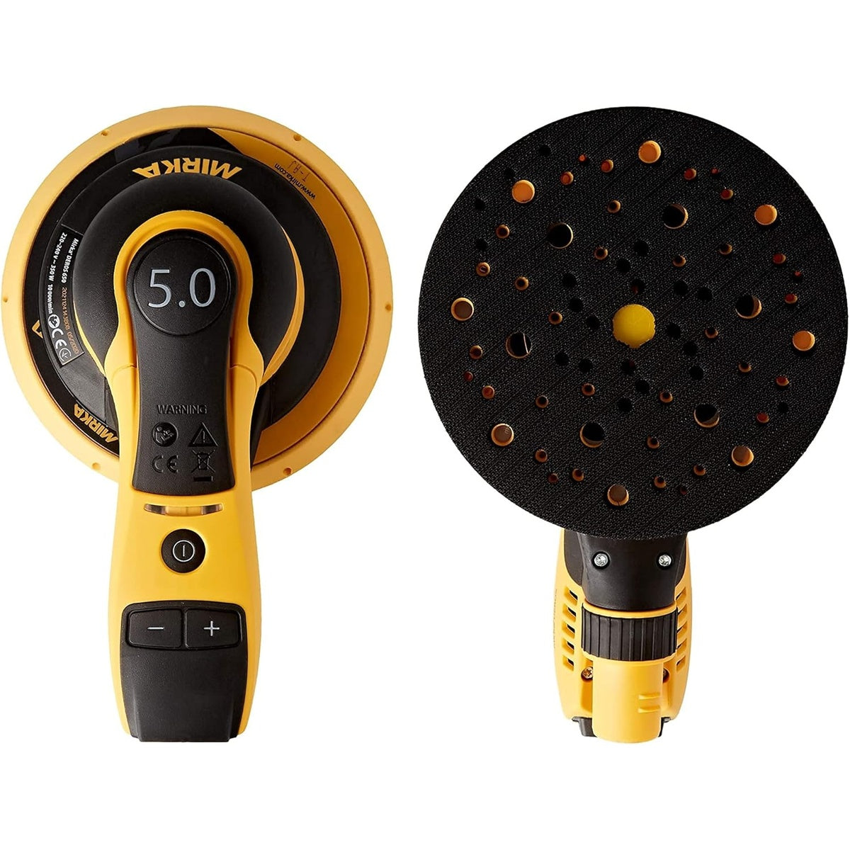 Top view and sanding pad view of Mirka DEROS 5.0mm random orbital sander