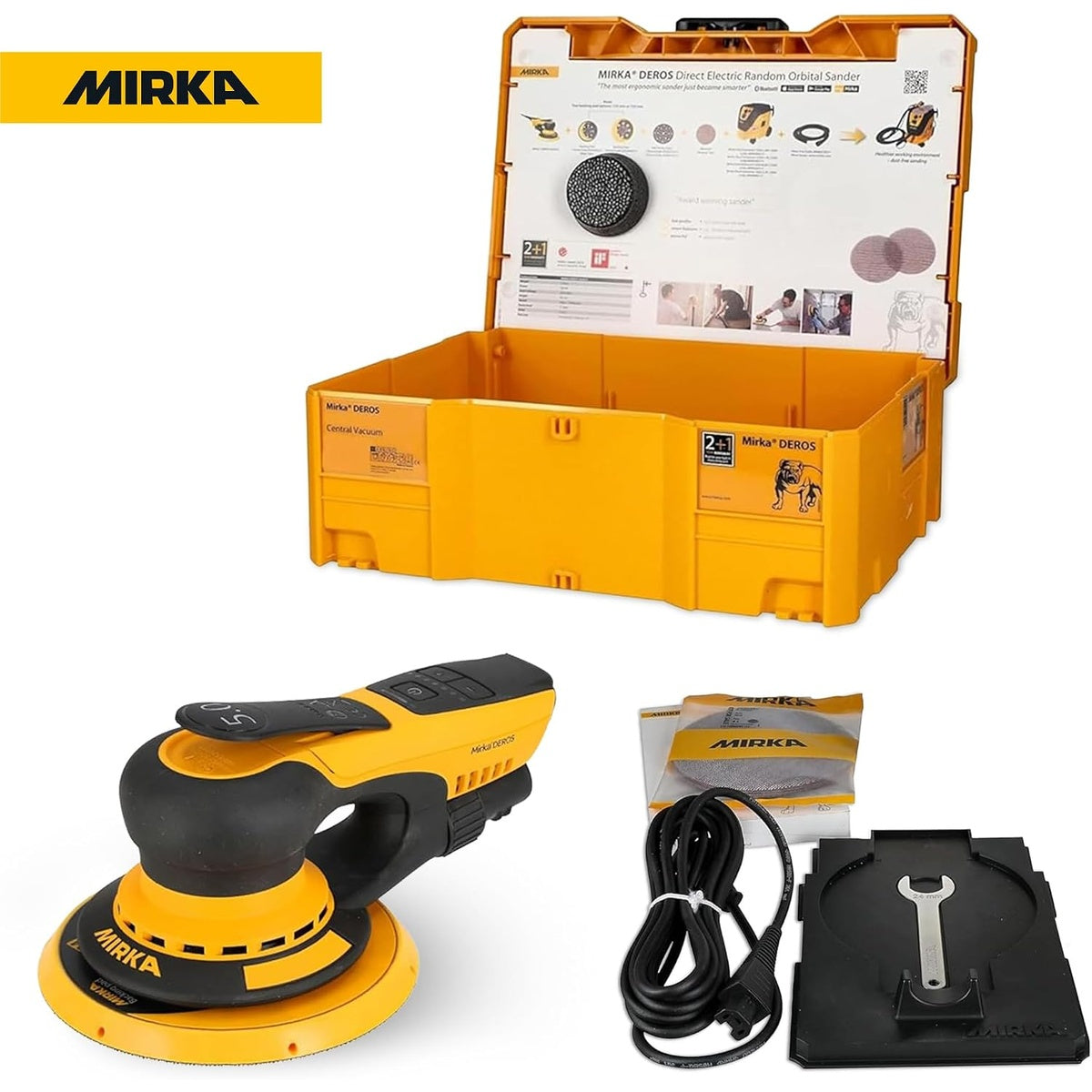 Mirka random orbital sander kit with case, power cord, wrench, and sanding sample pack