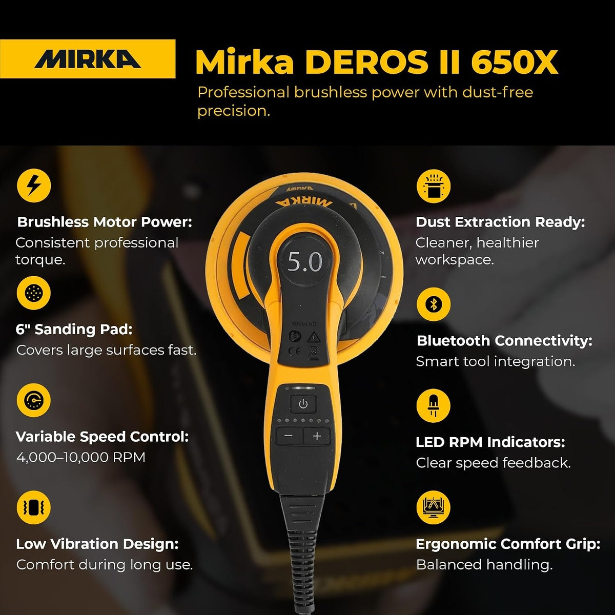 Top view of Mirka DEROS II 650X 6-in. random orbital sander showing 5.0mm orbit marking