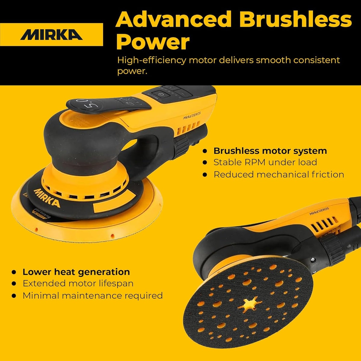 Mirka 6-in. brushless random orbital sander highlighting dust extraction ready backing pad