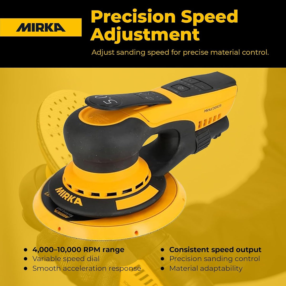 Mirka DEROS II 650 random orbital sander with variable speed control, 4,000 to 10,000 RPM