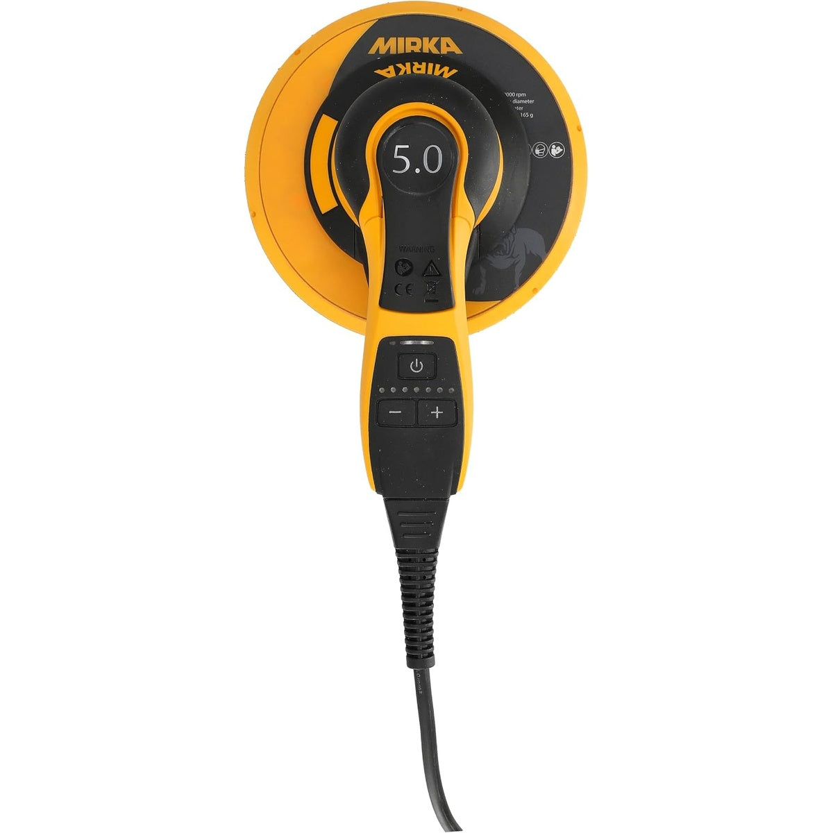Top view of Mirka DEROS II 7-in. random orbital sander showing speed controls