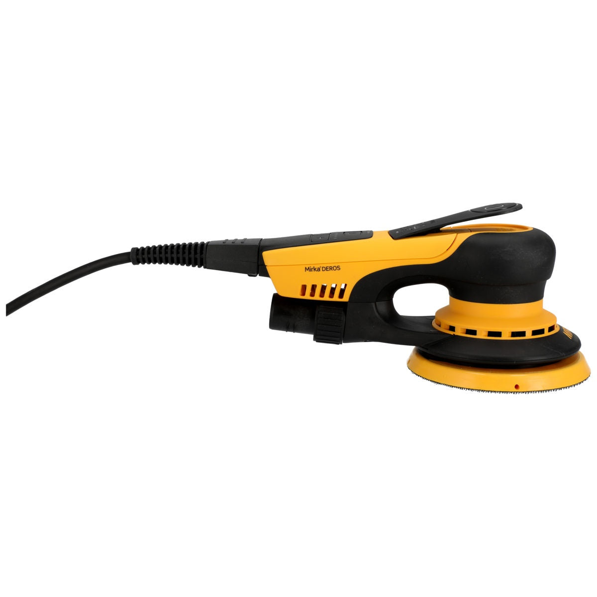 Side view of Mirka DEROS II 550X corded random orbital sander