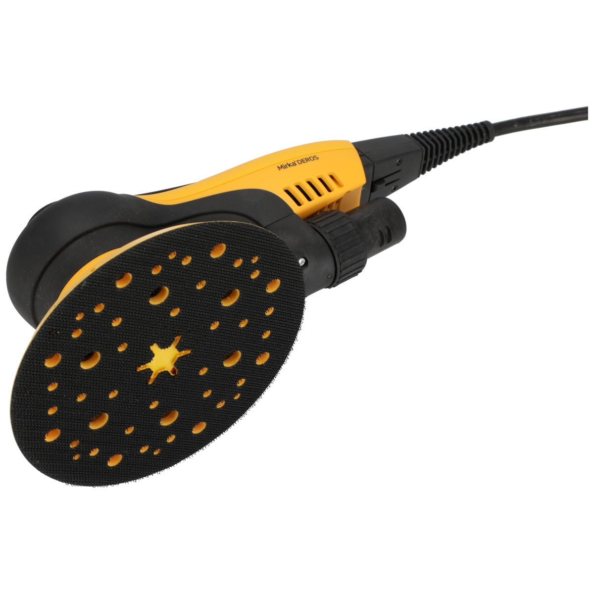 Mirka DEROS II 650X random orbital sander with 6-in. hook-and-loop sanding pad underside view