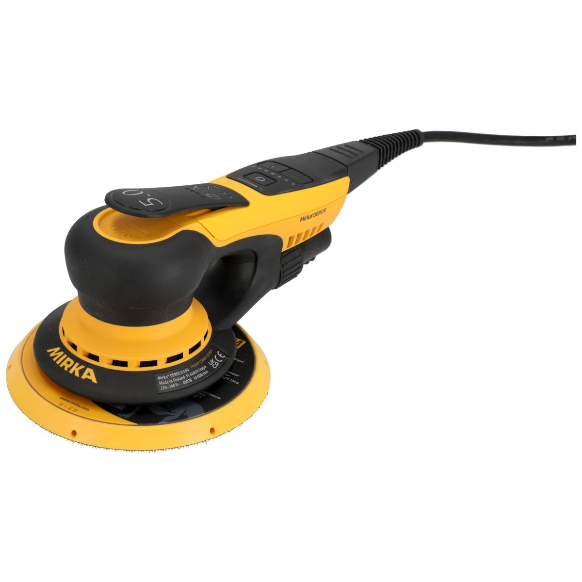 Mirka DEROS II 650X 6-in. electric random orbital sander, rear angle view