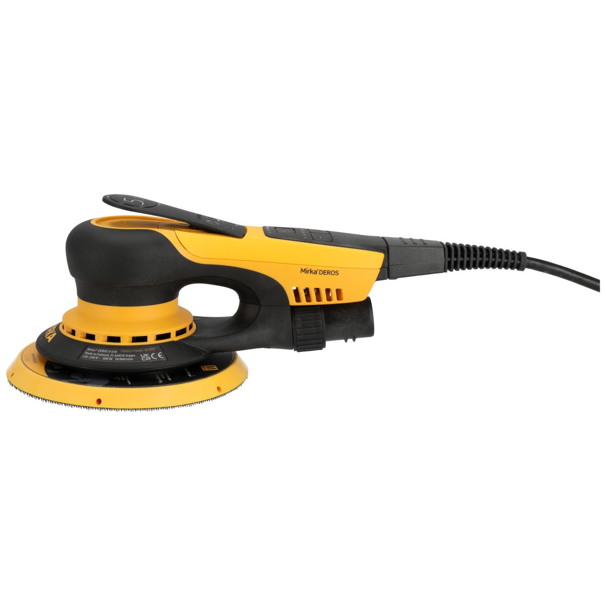 Side profile of Mirka DEROS II 650X corded 6-in. random orbital sander