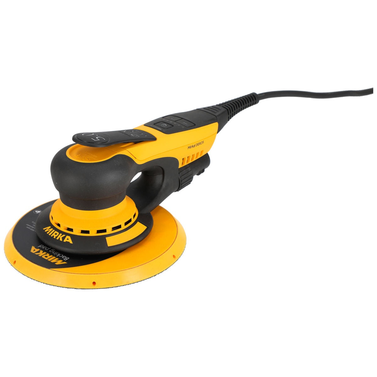Side view of Mirka DEROS II 750X 7-in. electric random orbital sander