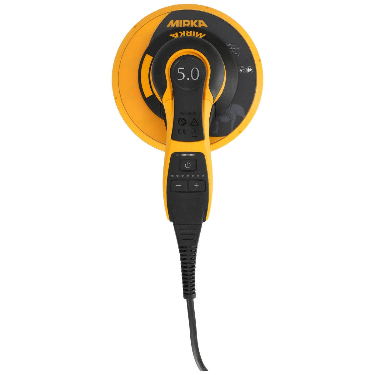 Top view of Mirka DEROS II 750X sander with power button and speed controls