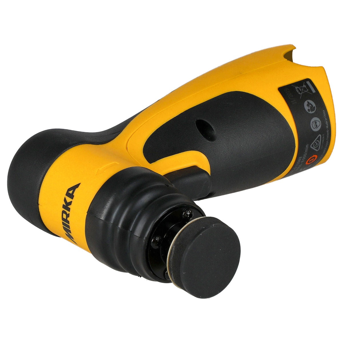 Underside angle view of Mirka AOS130-B cordless orbital sander