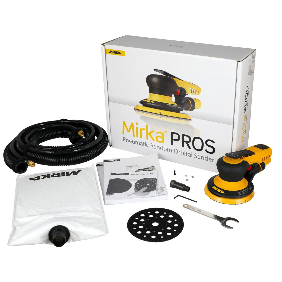 Mirka PROS sander kit with box, hose, dust bag, and accessories