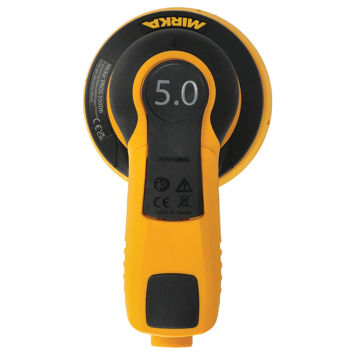 Top view of Mirka PROS random orbital sander showing 5.0 mm orbit marking