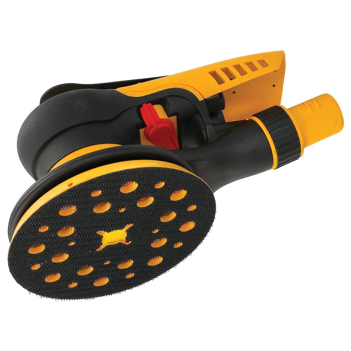 Bottom angled view of Mirka PROS sander with 6-in. hook-and-loop backing pad