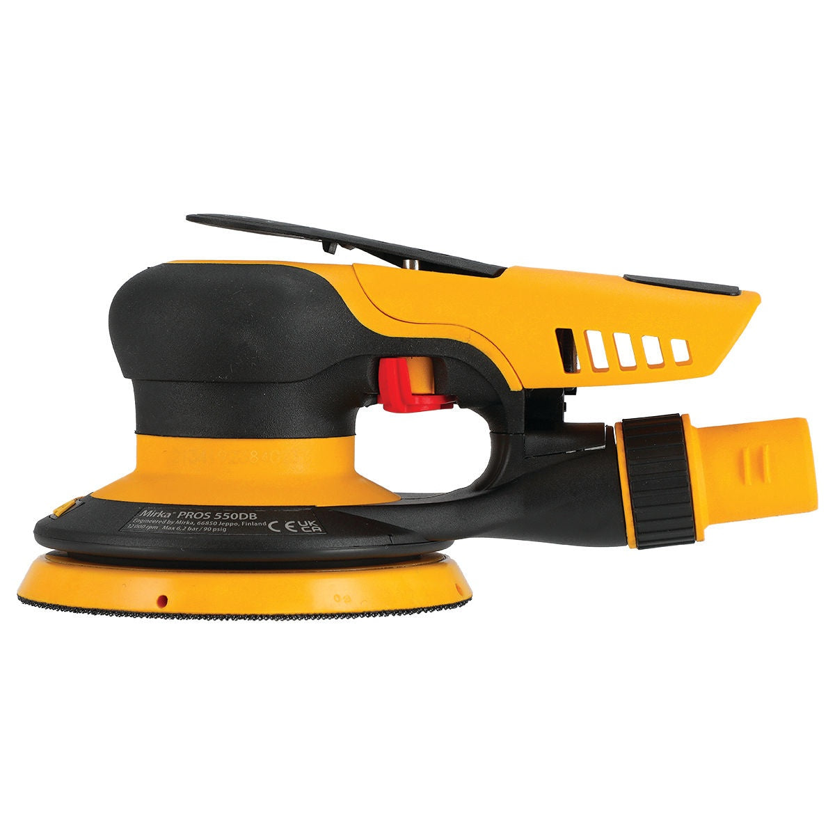 Side profile of Mirka PROS pneumatic sander with dust extraction port