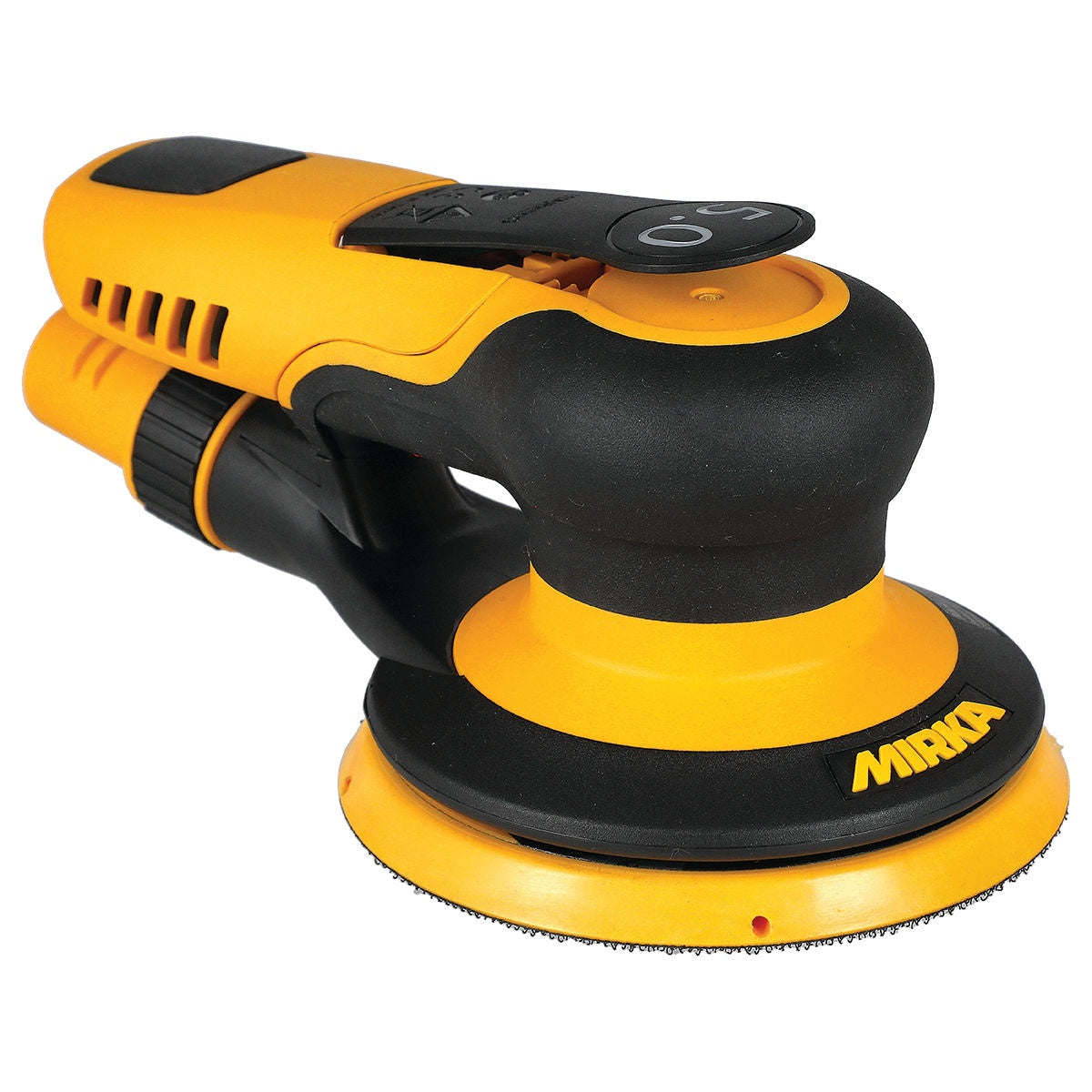 Mirka PROS 550CV 5-in. pneumatic random orbital sander front angled view