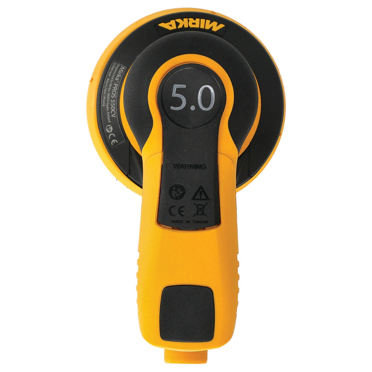 Mirka PROS 550CV pneumatic sander top view showing 5.0 mm orbit marking