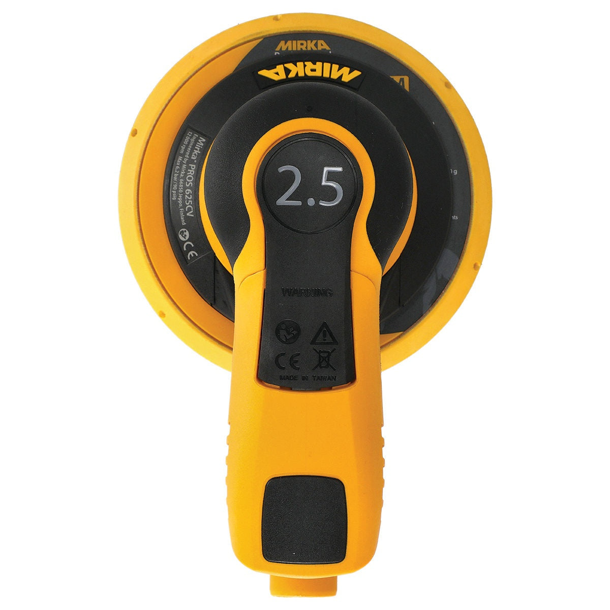 Top view of Mirka PROS 625CV 6-inch random orbital sander showing 2.5 mm orbit