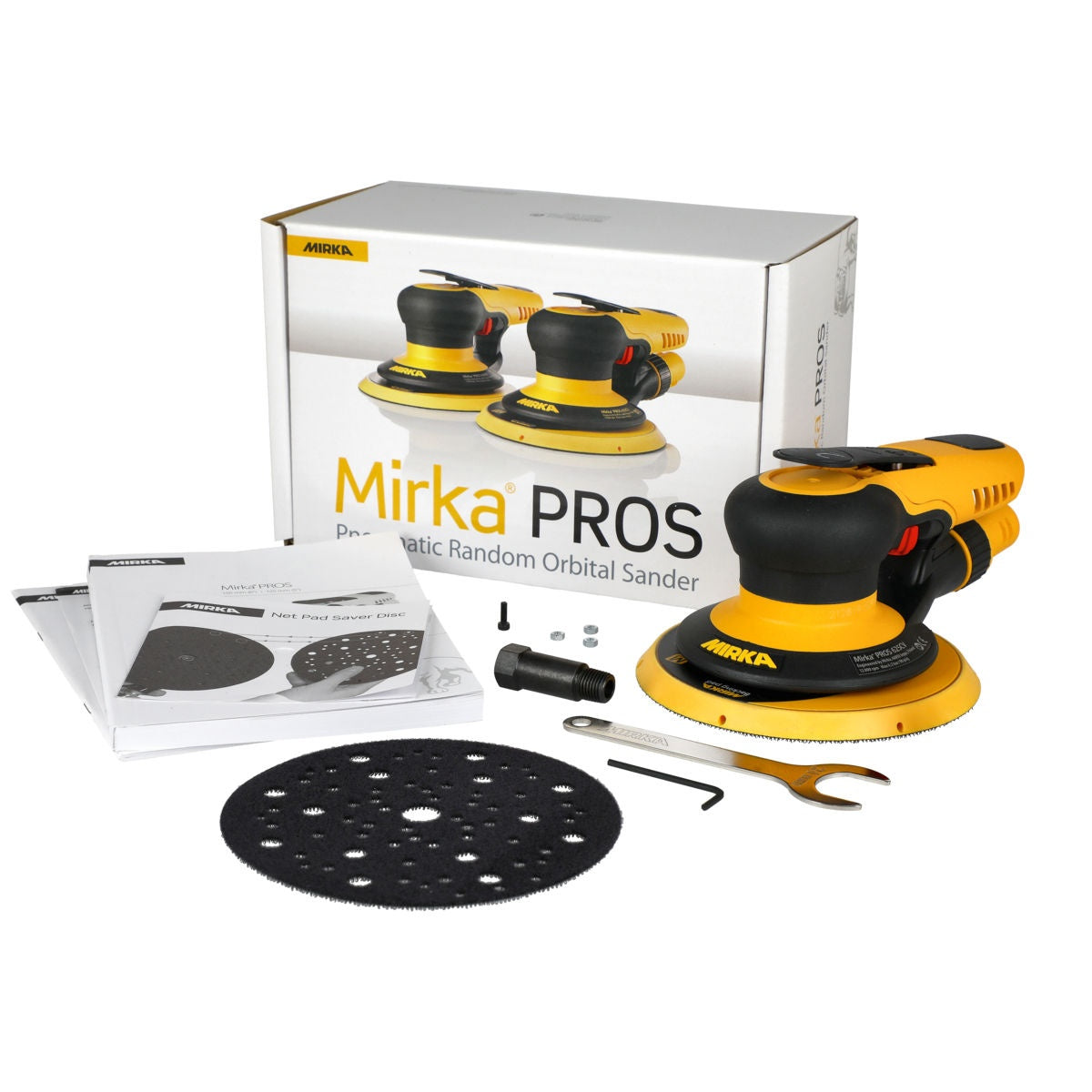 Mirka PROS 625CV pneumatic random orbital sander kit with box, pad, manuals, and tools