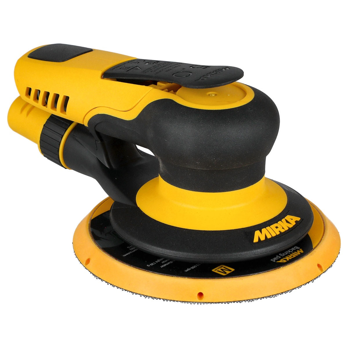 Mirka PROS 6-in. pneumatic random orbital sander with central vacuum port, angled front view