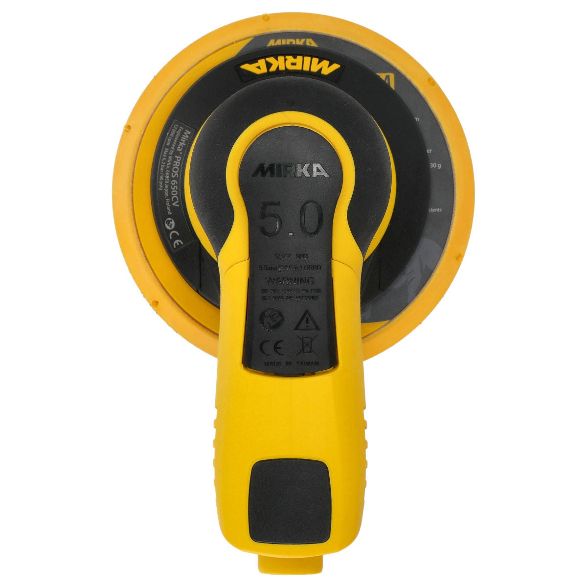 Top view of Mirka PROS 650CV 6-in. random orbital sander showing 5.0 mm marking