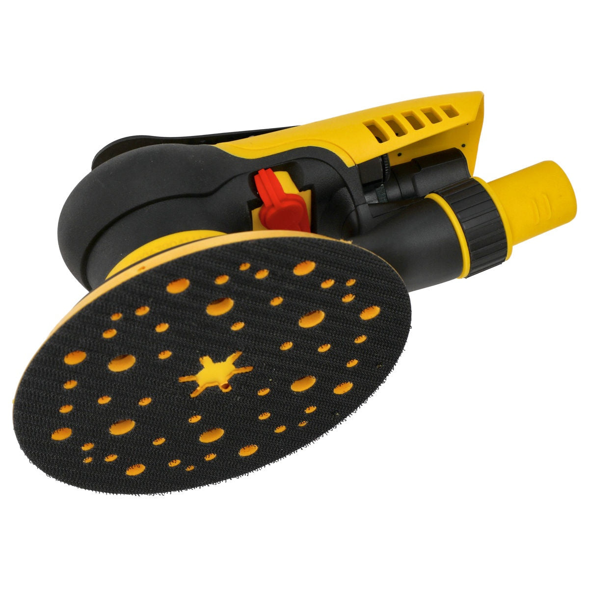 Underside of Mirka PROS 650CV sander showing 6-in. hook-and-loop sanding pad with dust holes
