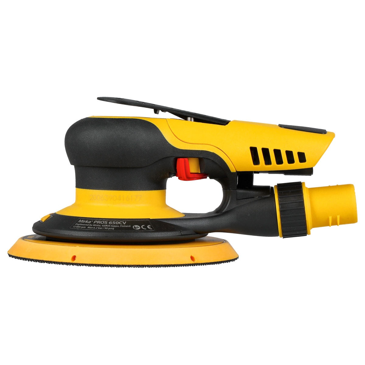 Right side profile of Mirka PROS 650CV random orbital sander with vacuum connection